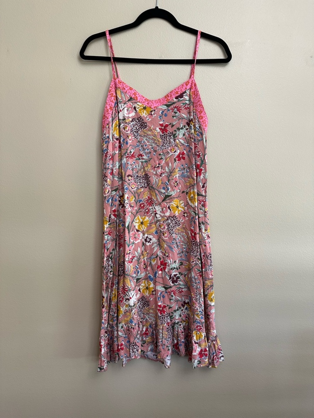 Floral Boho Pink Slip Dress with Contrast Trim
